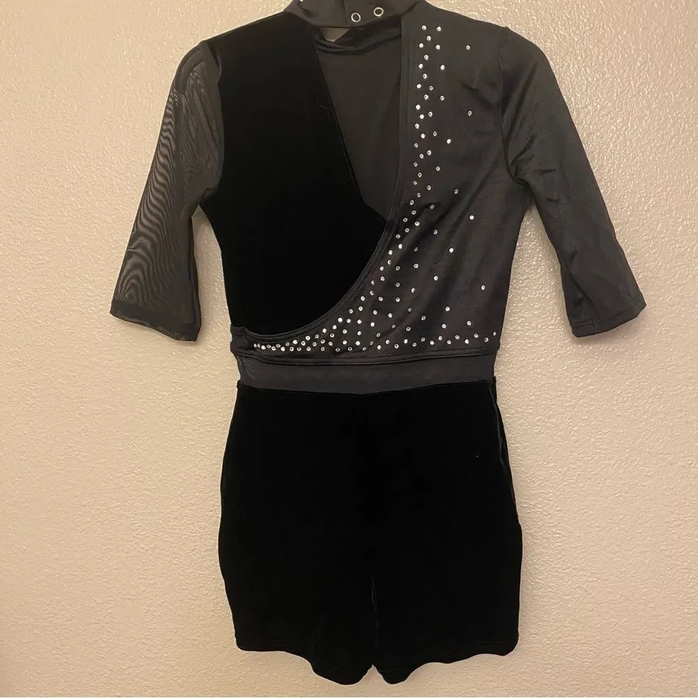 WEISSMAN Dance Costume velvet black leotard rhinestone Chains 14912 SA adult